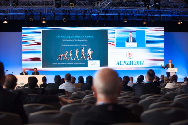 Conference stage using a wide LED presentation screen