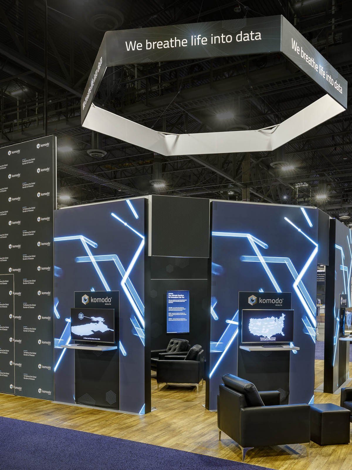 Trade show booth with large integrated LED display walls